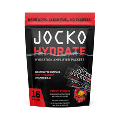 Jocko Fuel Hydrate fruit punch packet pours into a glass for quick hydration.