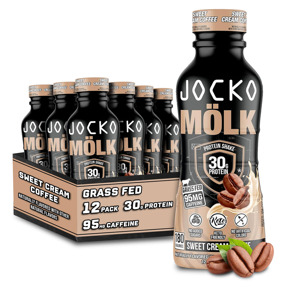 Jocko Fuel Mö lk bottle front label highlights grass-fed protein blend.