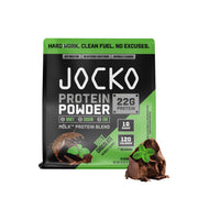 Jocko Fuel Mölk whey powder tub front in mint chocolate flavor for easy protein