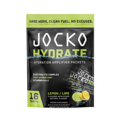 Jocko Fuel lemon-lime packet ready to dissolve for quick, refreshing hydration.