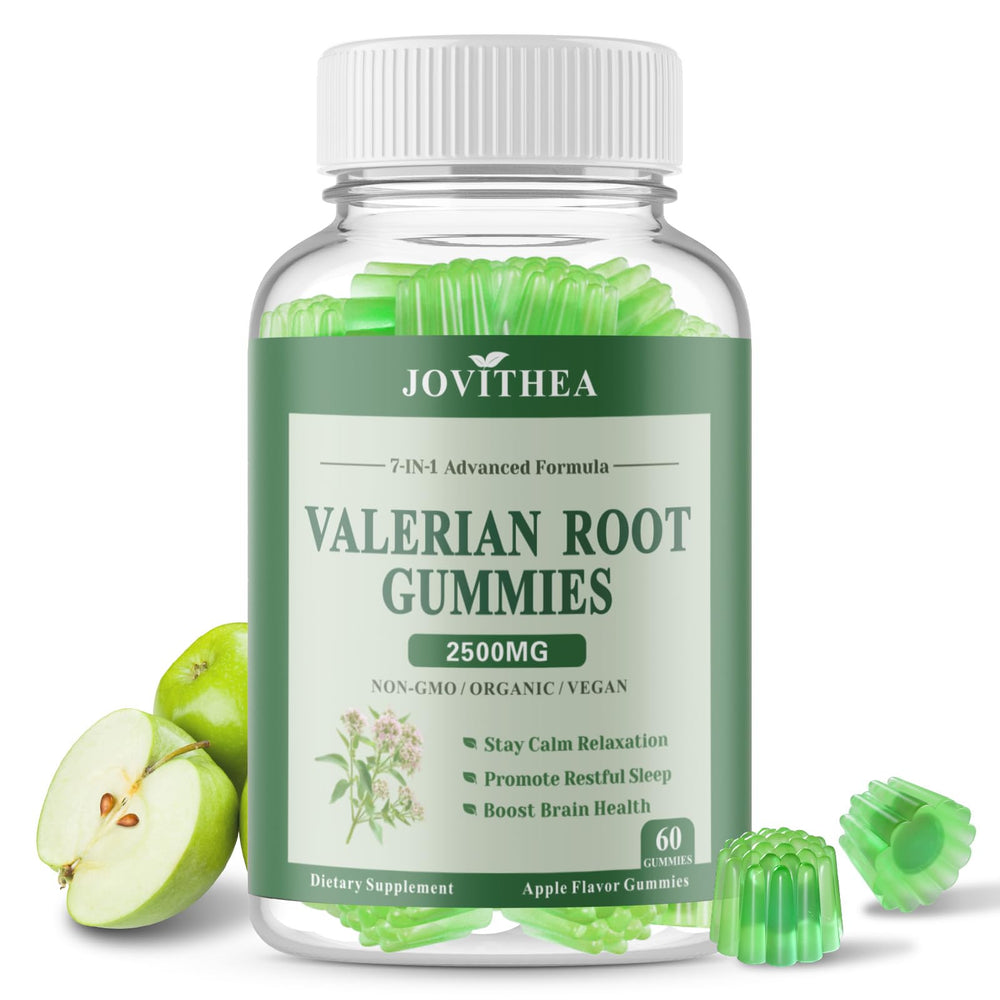 JOVITHEA Organic Valerian Gummies bottle promotes a calm evening routine.