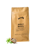 Jovvily Holy Basil powder bottle ideal for daily Tulsi ritual.
