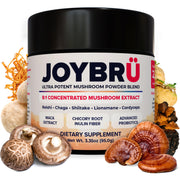 Joybru Ultra Potent Mushroom Powder Blend bottle front for a convenient daily boost.