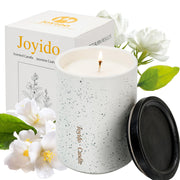 Joyido Jasmine Cashmere candle in ceramic jar close-up; calming ambience for any room.