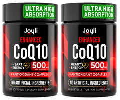 Joyli Nutrition CoQ10 500mg bottle front view highlighting double-pack value for daily energy support.
