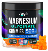 JOYLI Nutrition magnesium glycinate gummies bottle shows 500mg serving for daily support.