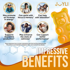 Joyli Tyrosine Gummies pouring image highlighting fruity texture for mood support