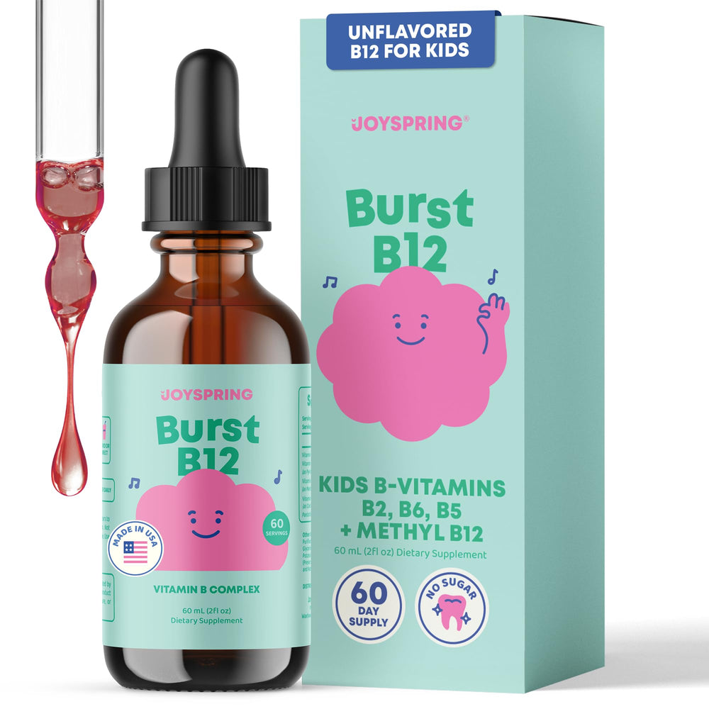 JoySpring Burst B12 Drops bottle close-up showing flavorless liquid for kids