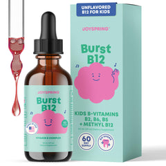 JoySpring Burst B12 Drops bottle close-up showing flavorless liquid for kids
