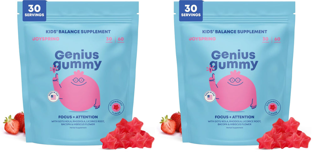 JoySpring Genius Kids Focus Gummies bottle showcases vegan gluten free formula supporting focused study sessions