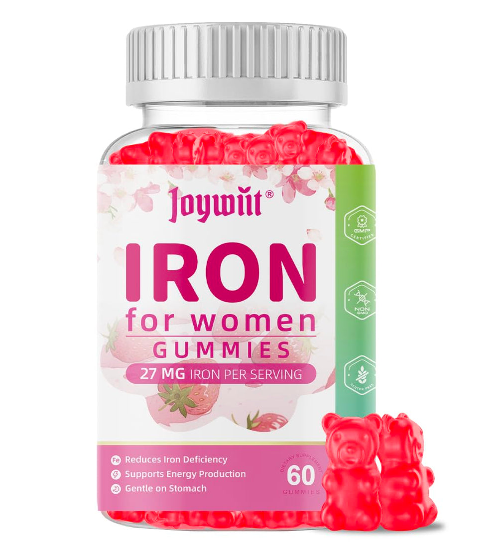 Joywiit Iron Gummies bottle front highlights strawberry flavor and energy support.