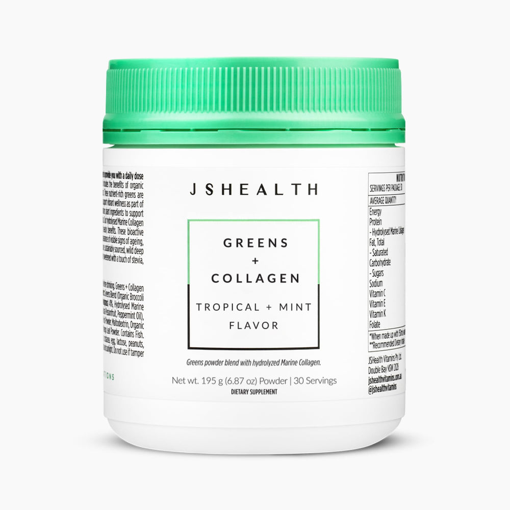 JSHealth Super Greens Powder bottle shows a daily greens boost for vitality.