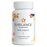 Jubilance PMS Support bottle close-up highlighting vegan, hormone-free mood support.