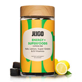 JUGO Energy + SUPERGREENS gummies in bottle show natural greens for steady energy