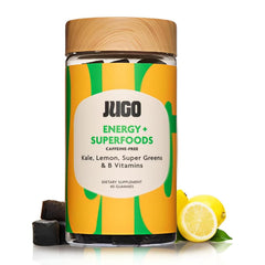 JUGO Energy + SUPERGREENS gummies in bottle show natural greens for steady energy