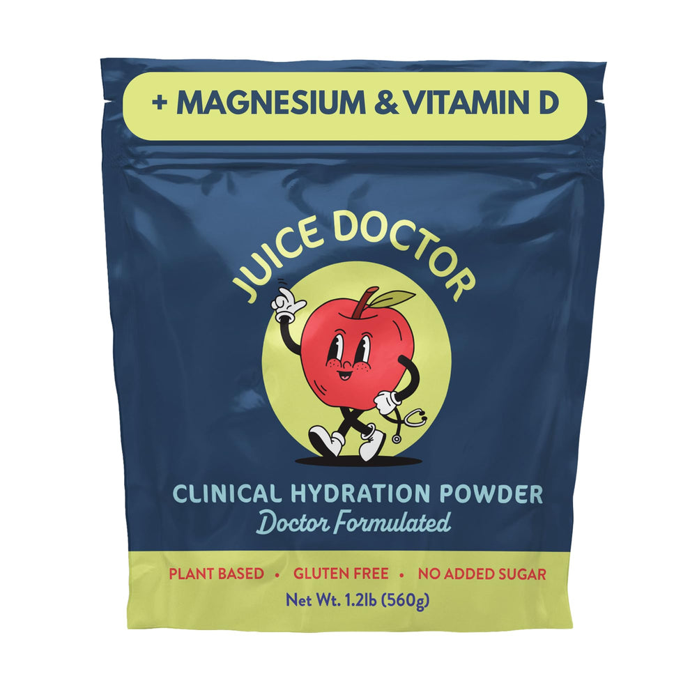 Juice Doctor hydration powder with apple-juice dissolution for on-the-go hydration.