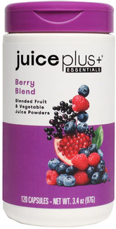 Juice Plus+ Berry Blend bottle front shows branding and berry-rich nutrition for daily wellness.
