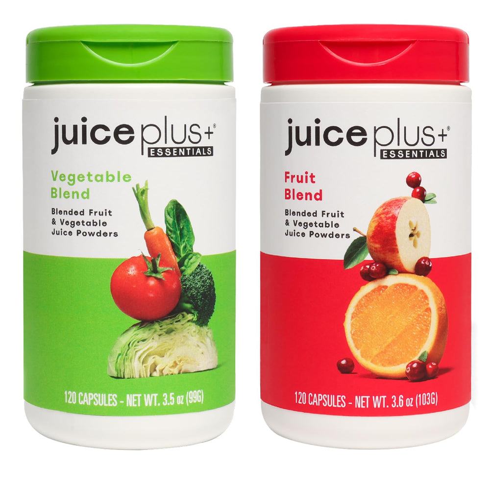 Juice Plus+ Fruit and Vegetable Blend capsule bottle close-up for daily nutrition.