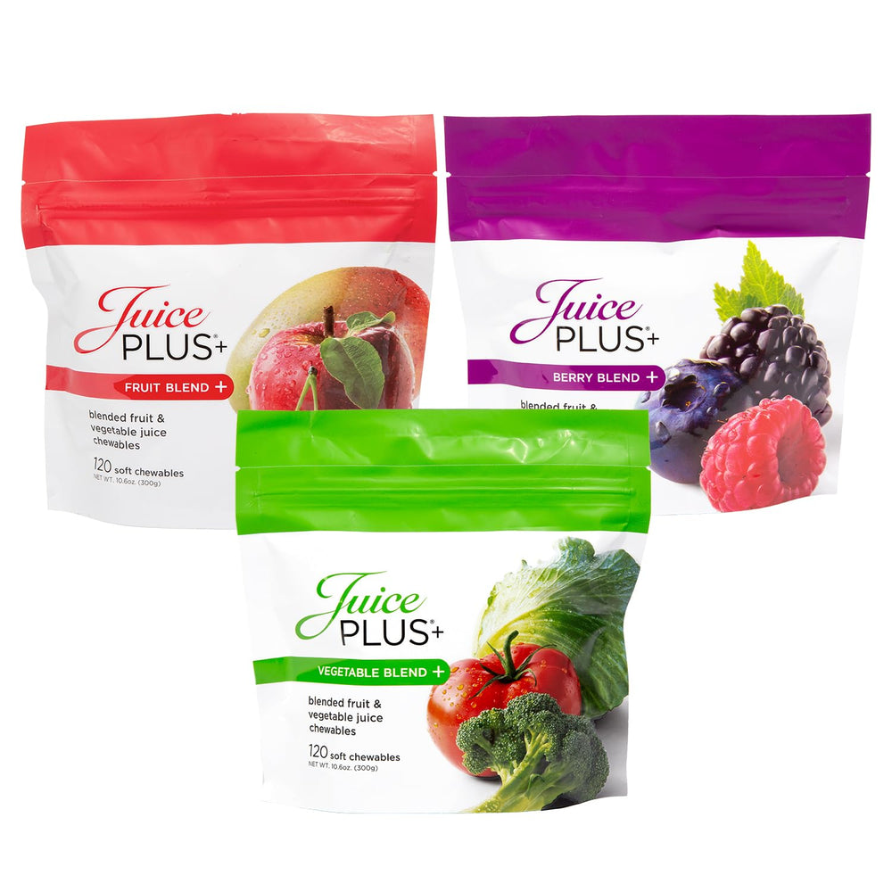Juice Plus+ soft chews bottle shown for daily plant-based nutrition.