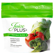 Juice Plus+ Vegetable Blend Soft Chews packaging close-up for convenient vegan nutrition.