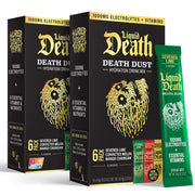Juicy Mixes Liquid Death Death Dust packaging on display for on-the-go hydration.