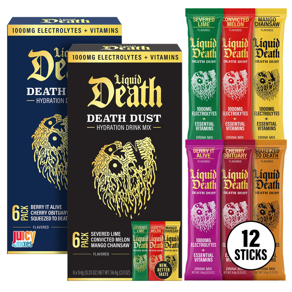 Juicy Mixes Liquid Death Electrolyte Death Dust Classics pack shot highlighting packaging and variety.
