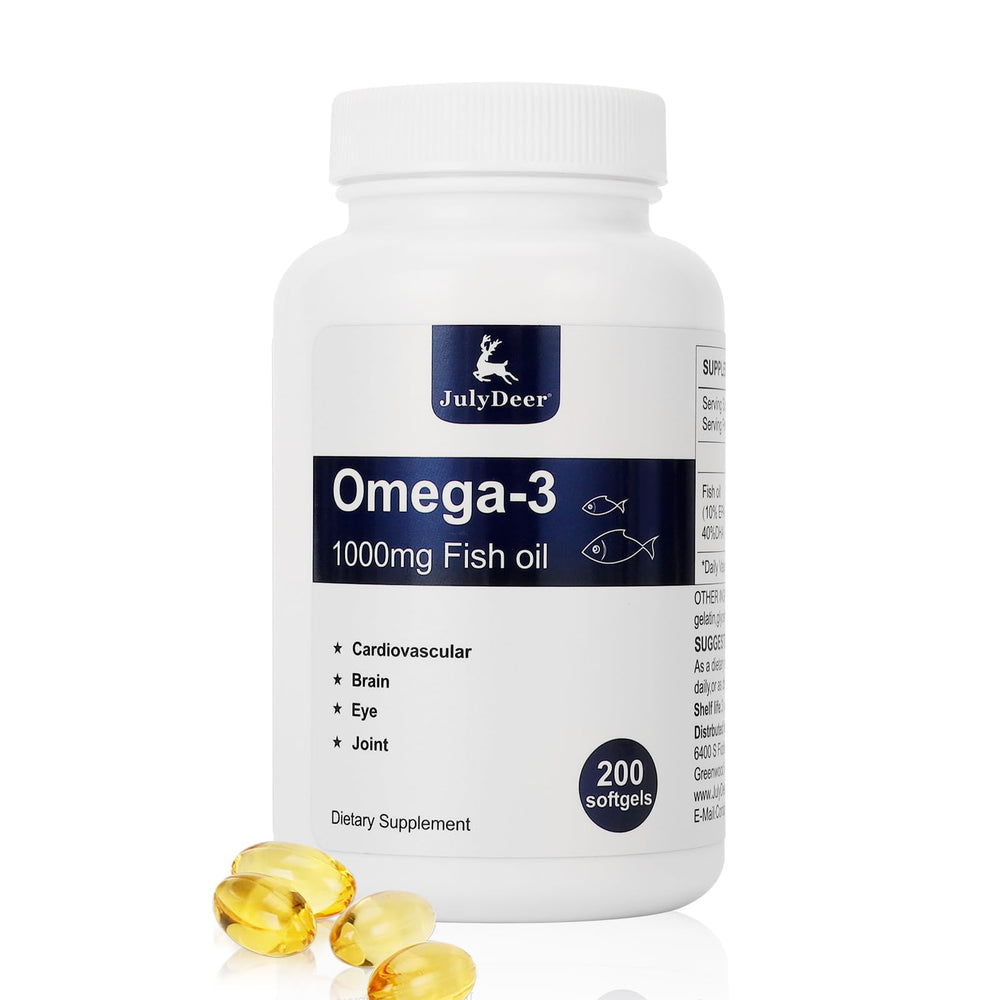 JulyDeer fish oil omega-3 1000mg bottle label highlights purity and potency.