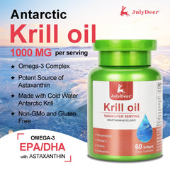 Close-up of JulyDeer Krill Oil label highlighting purity and ingredients