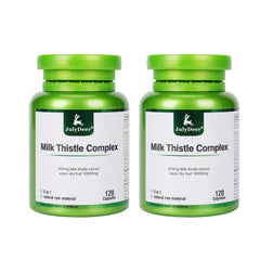 JulyDeer milk thistle bottle label highlights a 5-in-1 formula for liver support.
