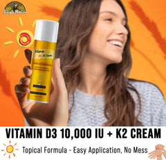 Jungle Nature Vitamin D3-K2 Cream ingredients highlight Vitamin E, Hyaluronic Acid, Olive Oil for hydration.