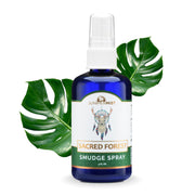 JuniperMist Cedar & Sage smudge spray bottle showcases forest cleansing energy.