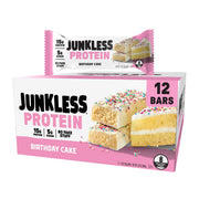 JUNKLESS Birthday Cake bar pack shot; convenient protein snack for on-the-go fueling.