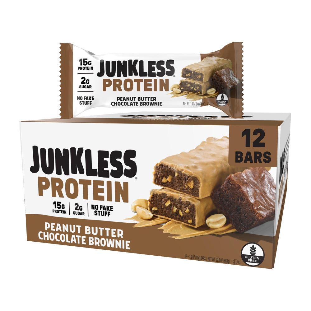 JUNKLESS Peanut Butter Chocolate Brownie bar in front, high-protein snack for post-workout fuel.