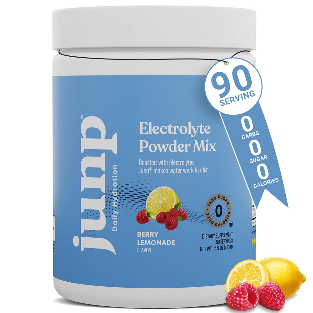 JUNP Berry Lemonade electrolyte powder bottle pour for quick on-the-go hydration.