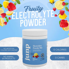 JUNP Berry Lemonade electrolyte powder in glass with ice for refreshing hydration.