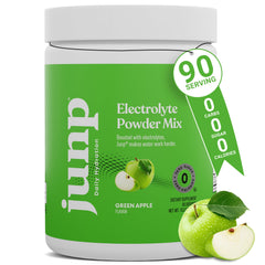JUNP electrolytes powder canister boosts hydration with green apple flavor.