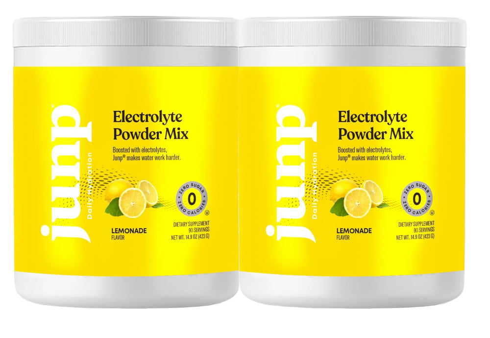 JUNP Electrolytes Lemonade powder tub ready for hydration and flavor.