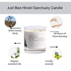 Just Bee Hinoki candle ambient burn demonstrates tranquil mood for relaxation.