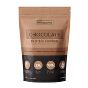 JUST INGREDIENTS chocolate protein powder bag shows premium blend for lean muscle support.