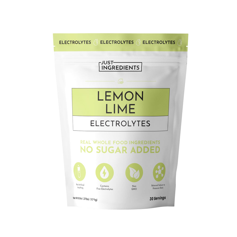 JUST INGREDIENTS Lemon Lime Electrolytes bottle shows bright powder and hydration support.