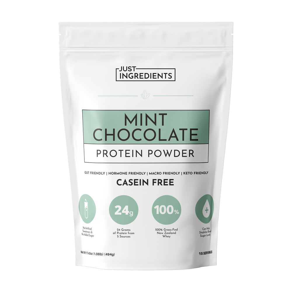 Just Ingredients Mint Chocolate Protein Powder front pack for quick protein boost