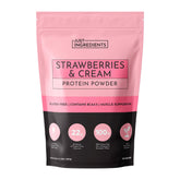 Just Ingredients Strawberries & Cream protein powder bag shows real ingredients for muscle support.