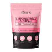 Just Ingredients Strawberries & Cream protein powder bag shows real ingredients for muscle support.