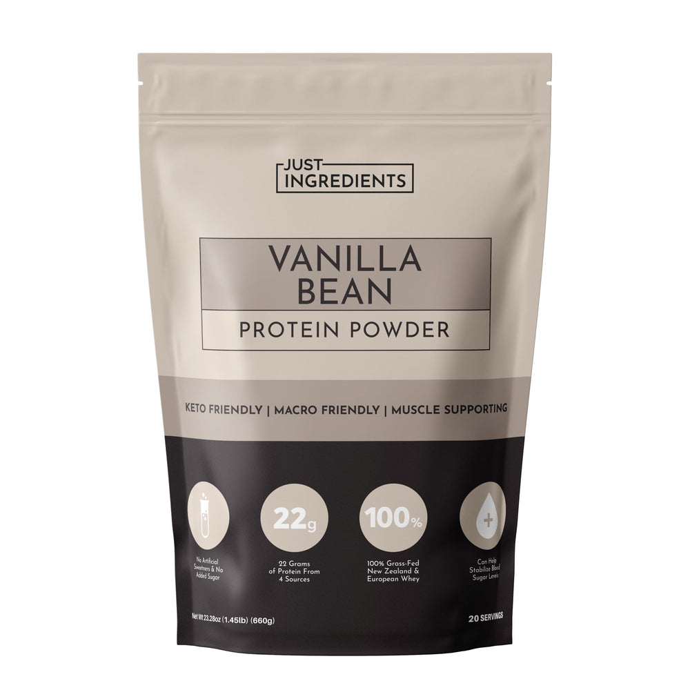 JUST INGREDIENTS Vanilla Bean Protein Powder bottle showcases premium blend for recovery and energy.