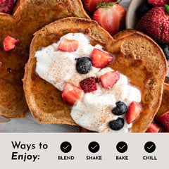 JUST INGREDIENTS Vanilla Bean Protein Powder tub closeup shows creamy texture and aroma.