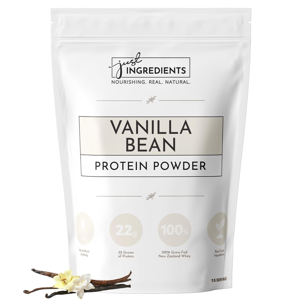 JUST INGREDIENTS Vanilla Protein Powder bottle front, natural aroma ideal for smoothies.