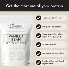 JUST INGREDIENTS Vanilla Protein Powder ingredients panel, multi-source blend supporting flavor and nutrition.
