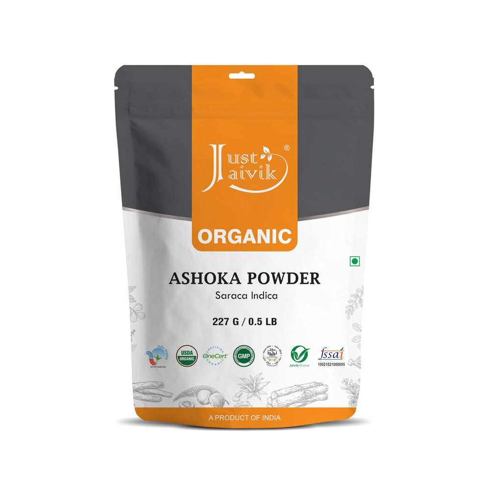 Just Jaivik Ashoka Bark Powder packaging in a biodegradable pouch for easy storage