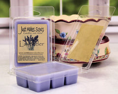 Just Makes Scents lavender wax melts close-up on a single cube highlighting soy blend