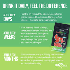 Just Move Sour Watermelon Energy Rush powder jar shows plant-based formula